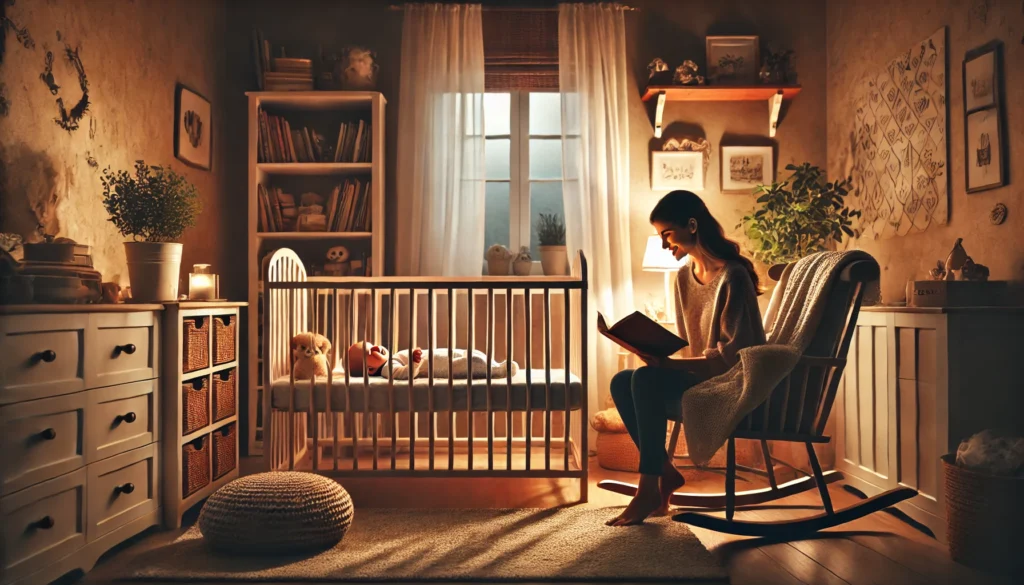 madre leyendo cuento a bebe para dormir